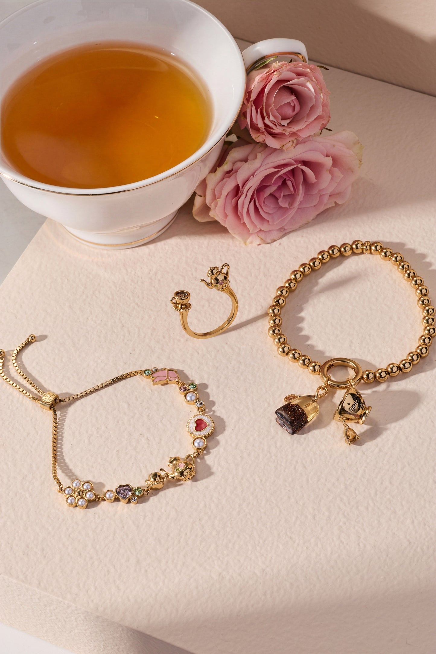 Tea Party Open Ring | Teapot & Teacup Smoky Quartz Enamel Ring in Gold