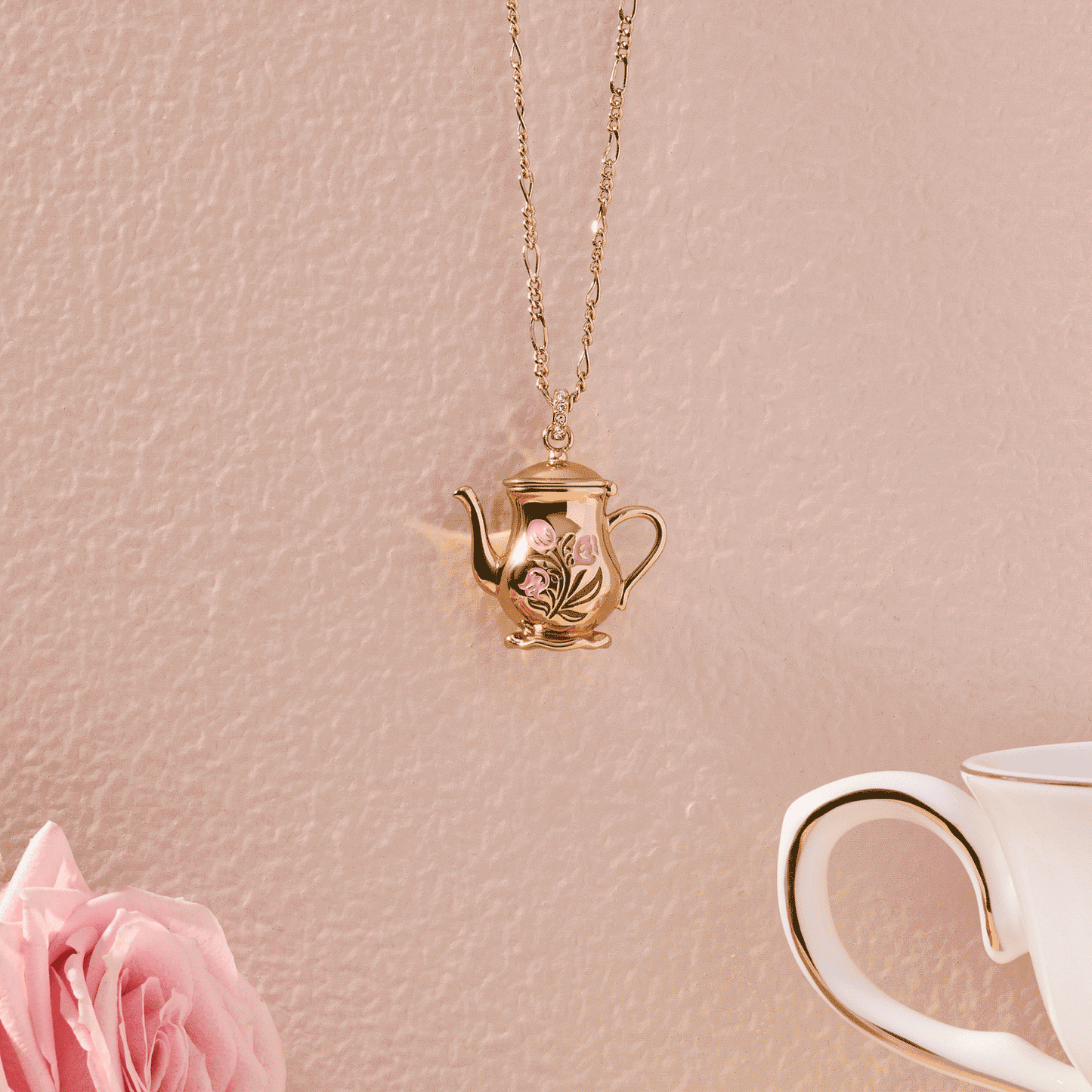 Tea Party Kettle Locket Pendant Necklace | Enamel Teapot Locket with Hidden Teacup Charm in Gold