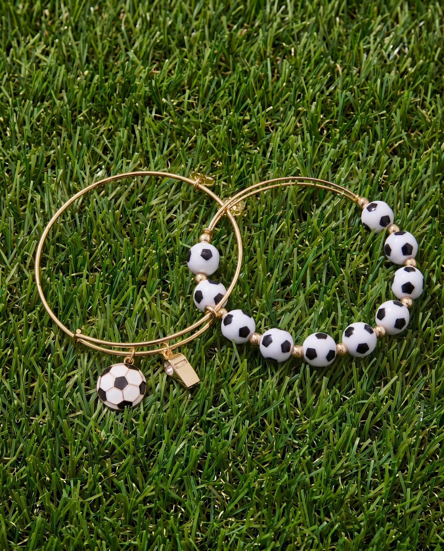 Soccer Oversized Beaded Bangle | Expandable Wire Bracelet with Soccer Ball Beads by ALEX AND ANI – Gold