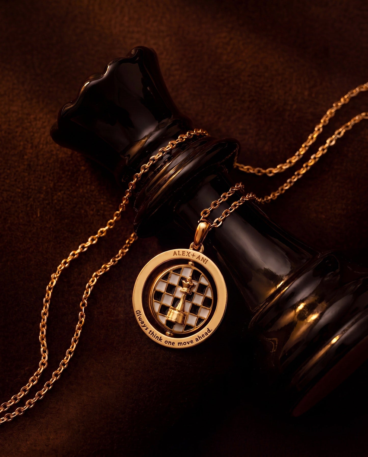'Always Think One Move Ahead' Chess Spinner Pendant Necklace – Gold