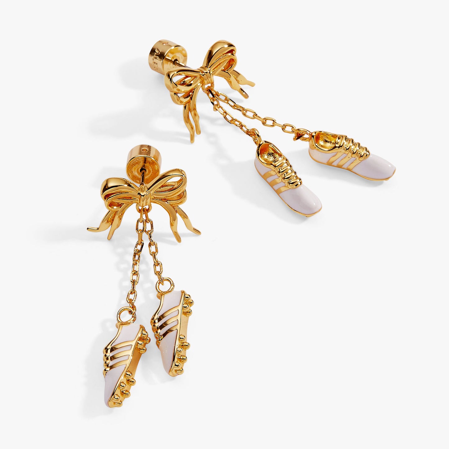 Soccer Cleats Drop Earrings | Enamel Cleat Charm Earrings with Bow & Chain in Gold