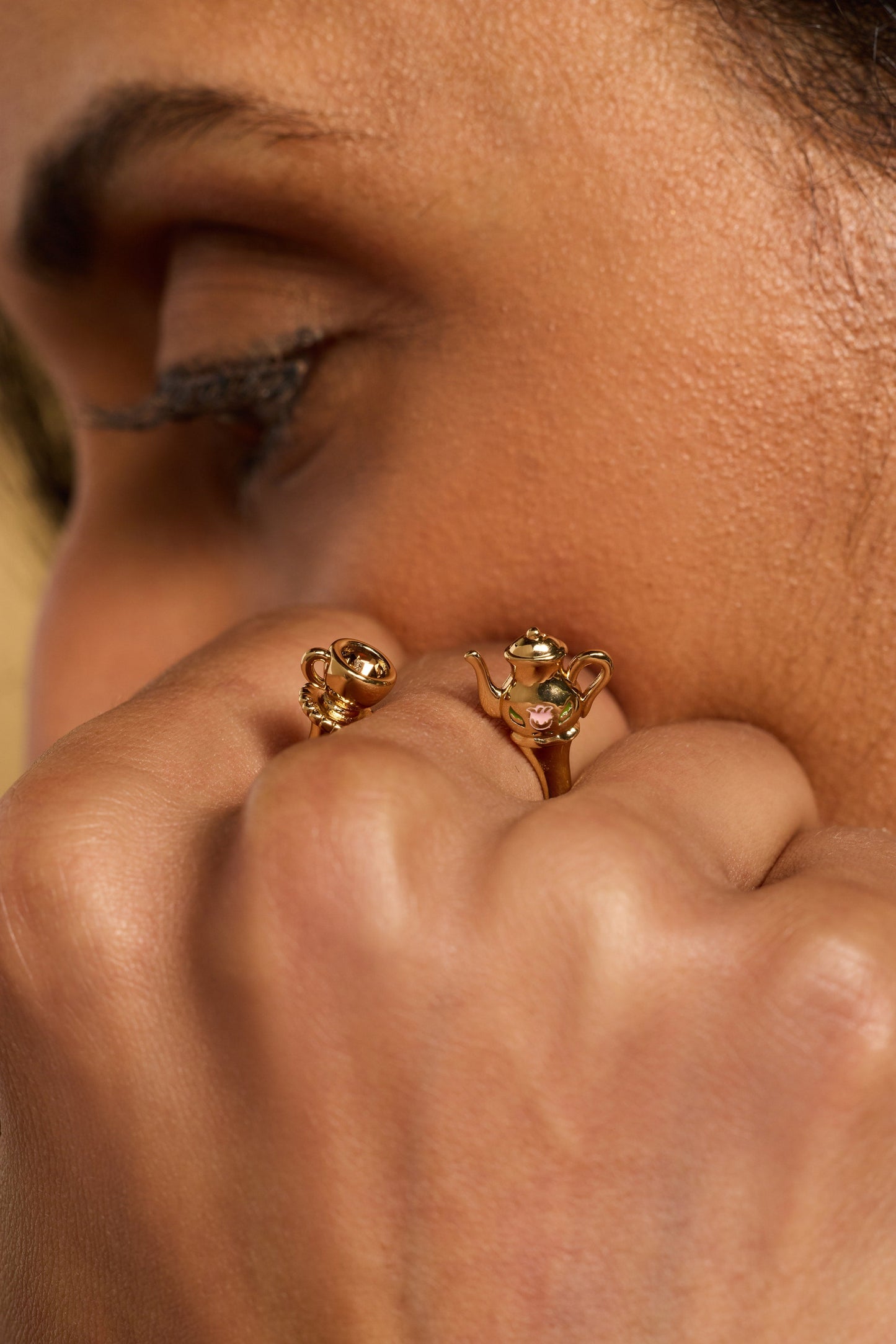Tea Party Open Ring | Teapot & Teacup Smoky Quartz Enamel Ring in Gold
