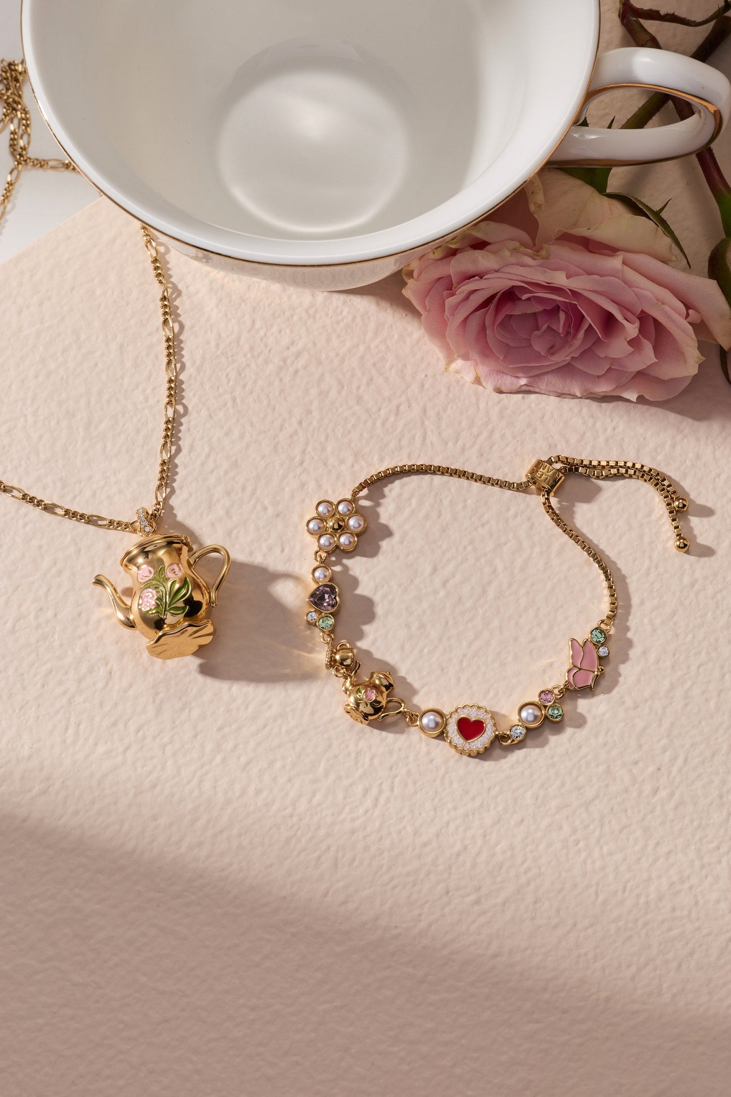 Tea Party Kettle Locket Pendant Necklace | Enamel Teapot Locket with Hidden Teacup Charm in Gold