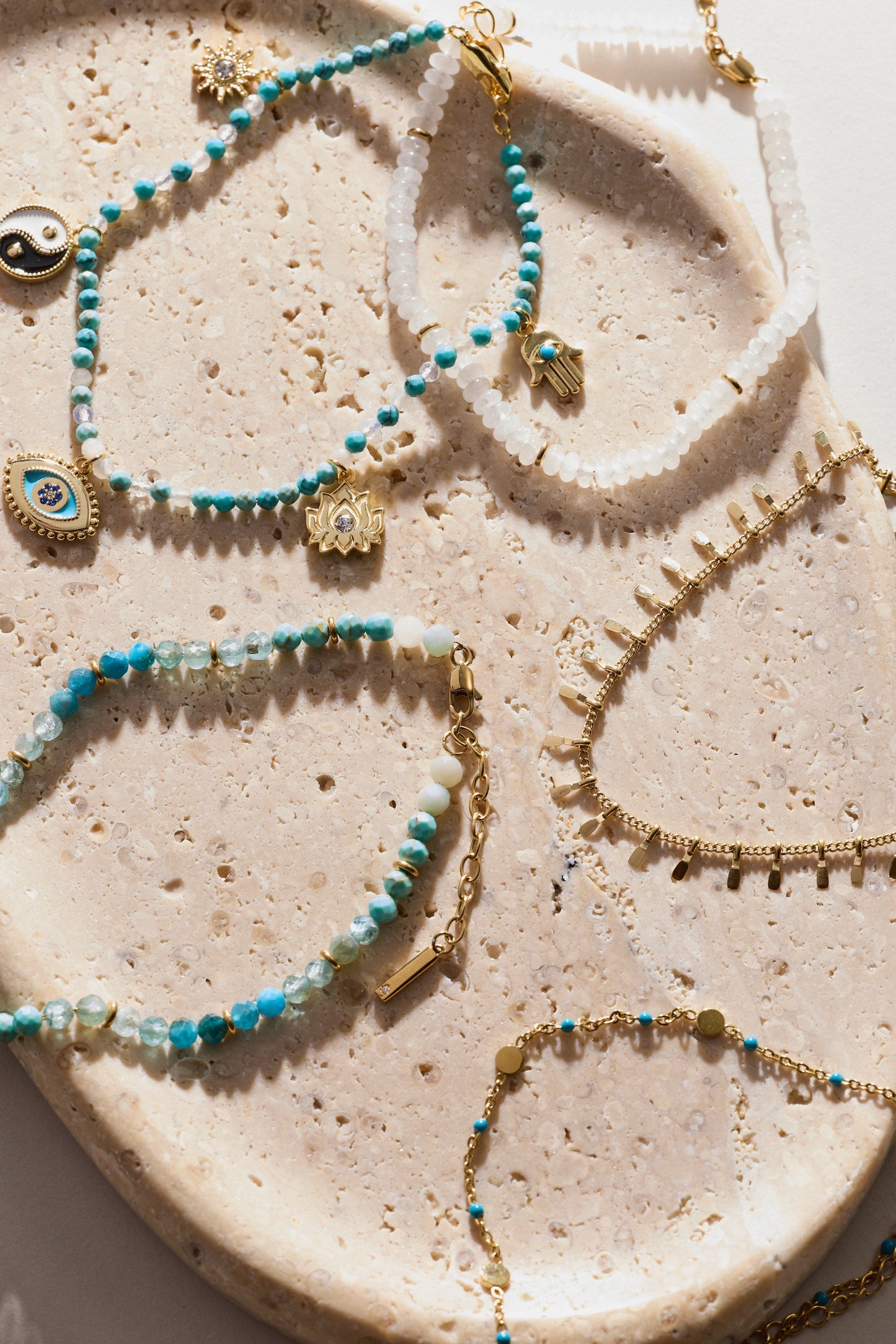 Healing Stone Charm Anklet | Turquoise Beaded Anklet with Hamsa, Evil Eye & Lotus Charms in Gold
