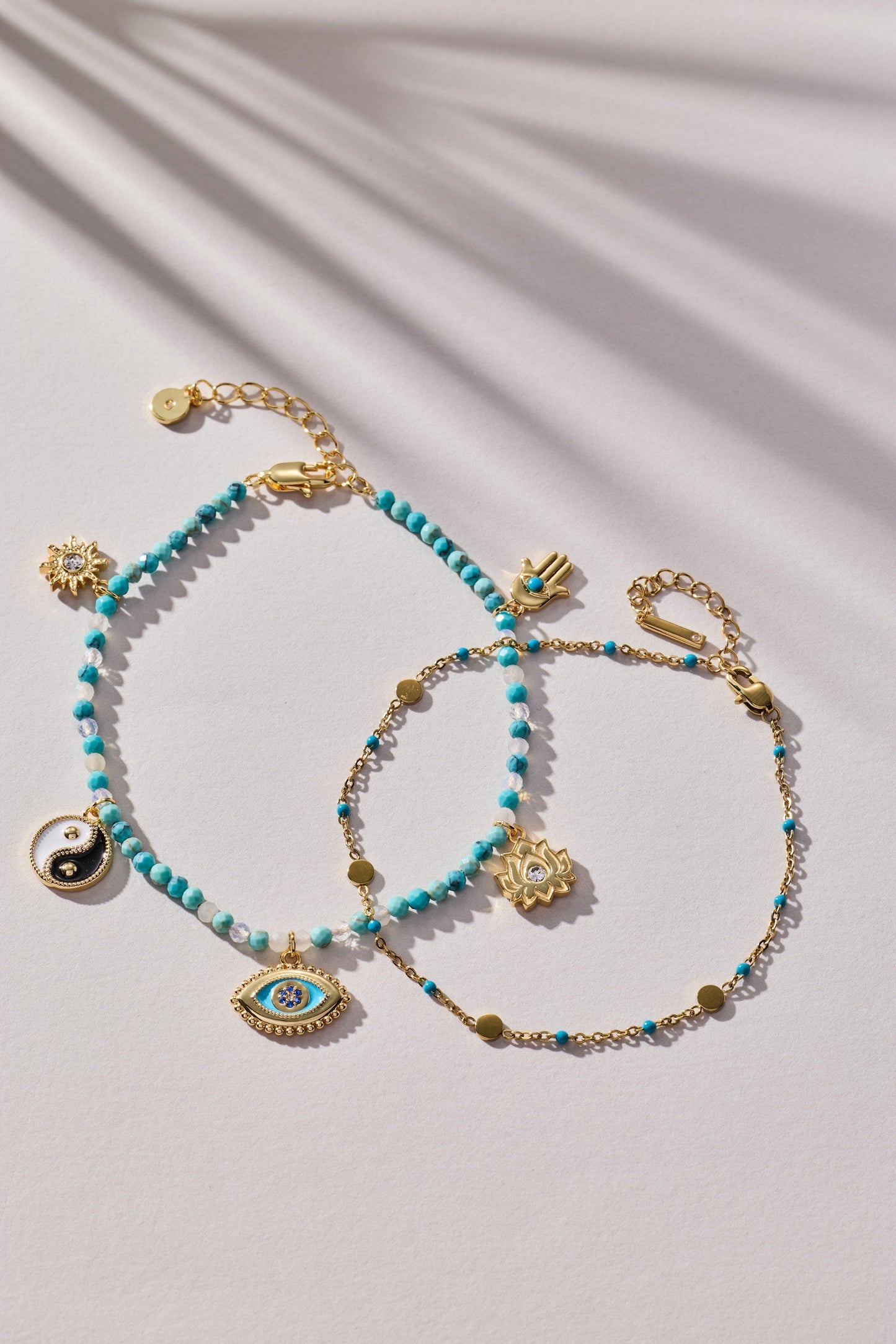 Healing Stone Charm Anklet | Turquoise Beaded Anklet with Hamsa, Evil Eye & Lotus Charms in Gold