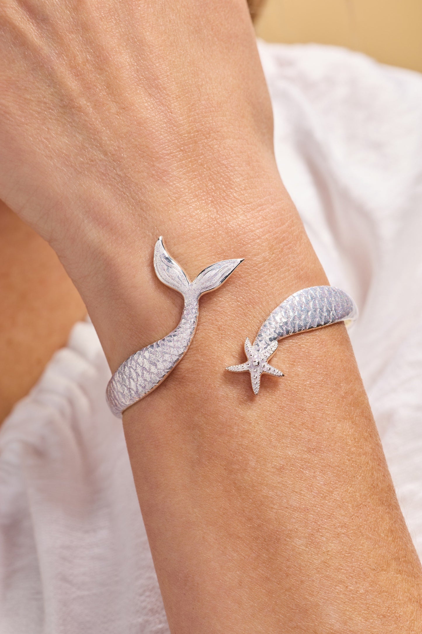 Salt + Sea 'Mermaid Kisses, Starfish Wishes' Hinge Cuff Bracelet | Iridescent Enamel & Starfish by ALEX AND ANI – Silver