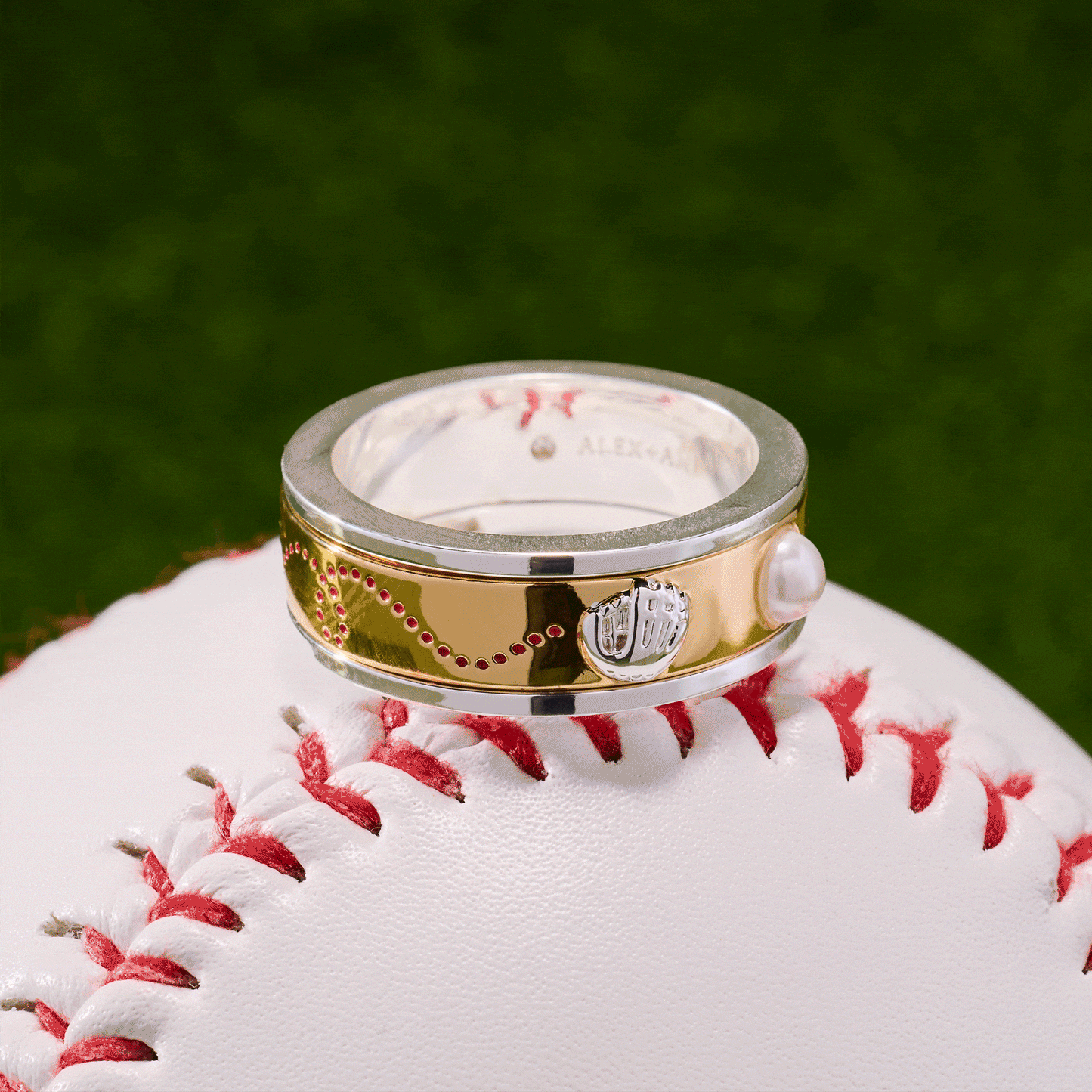 Baseball Fidget Spinner Ring | Two-Tone Gold & Silver with Pearl Baseball & Enamel Glove by ALEX AND ANI