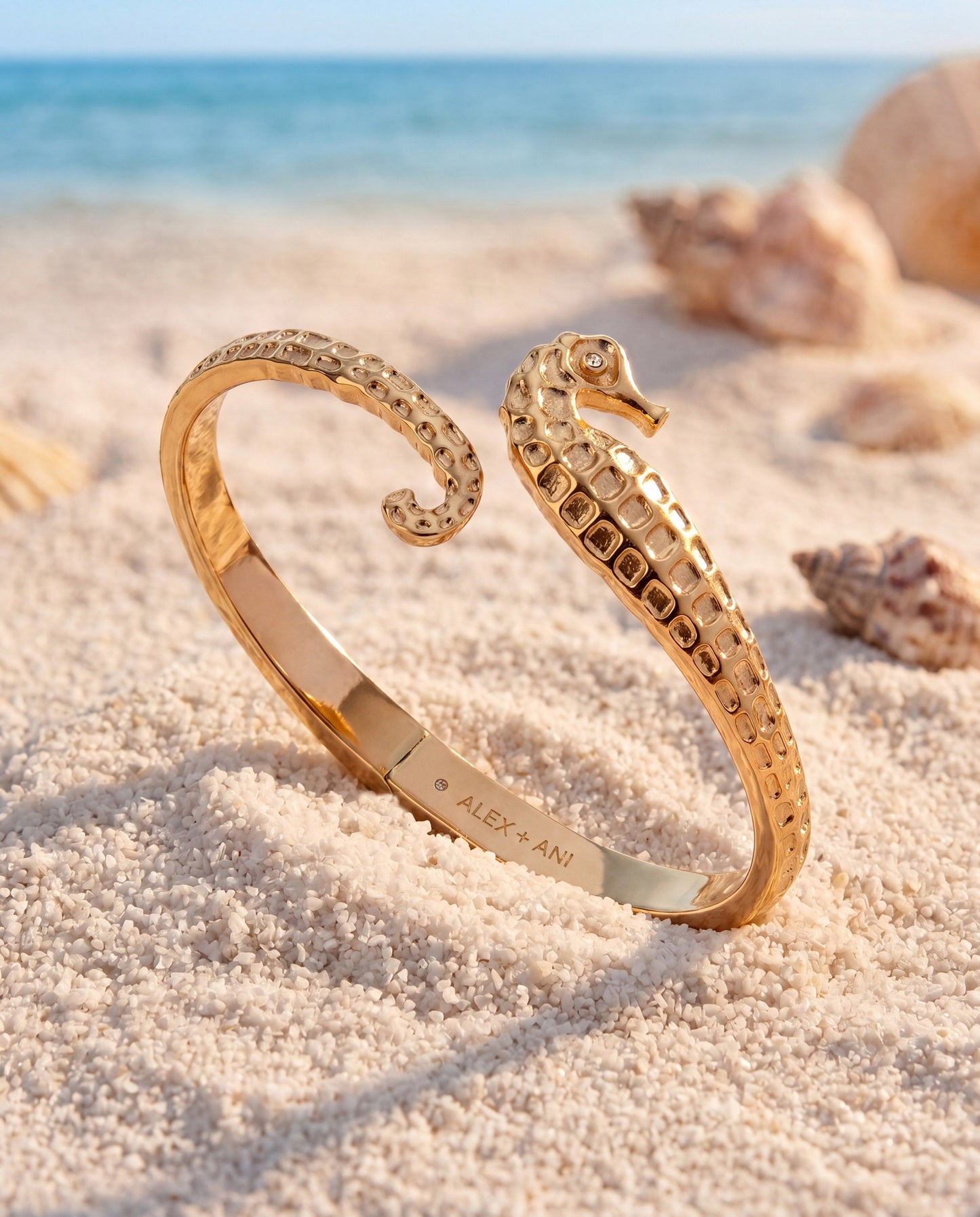 Seahorse Bypass Cuff Bracelet | Coastal Stone Eye Detail Bangle in Gold