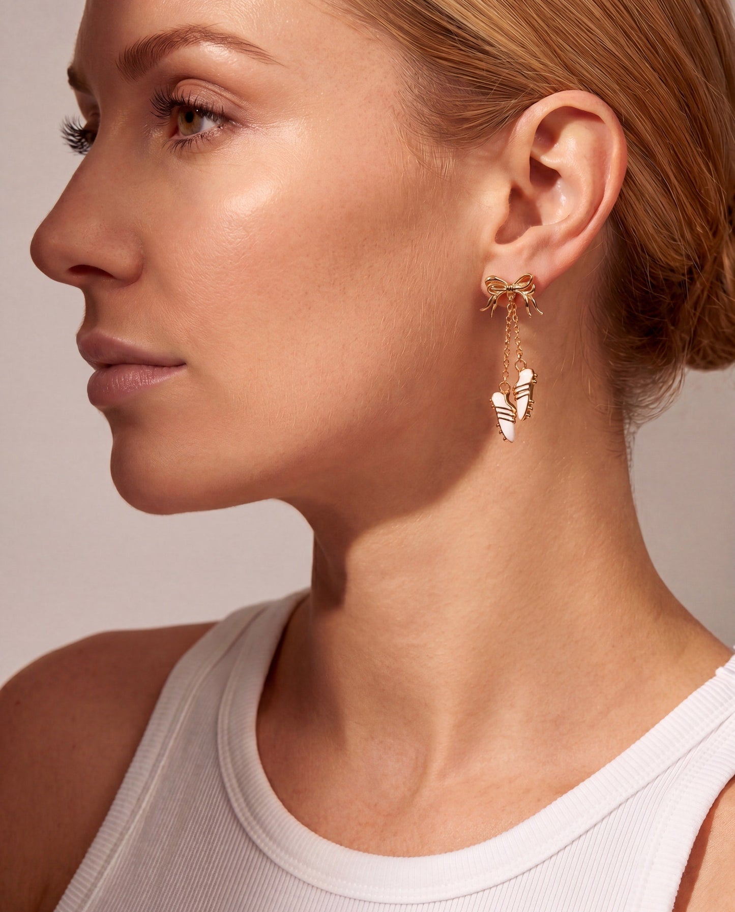 Soccer Cleats Drop Earrings | Enamel Cleat Charm Earrings with Bow & Chain in Gold