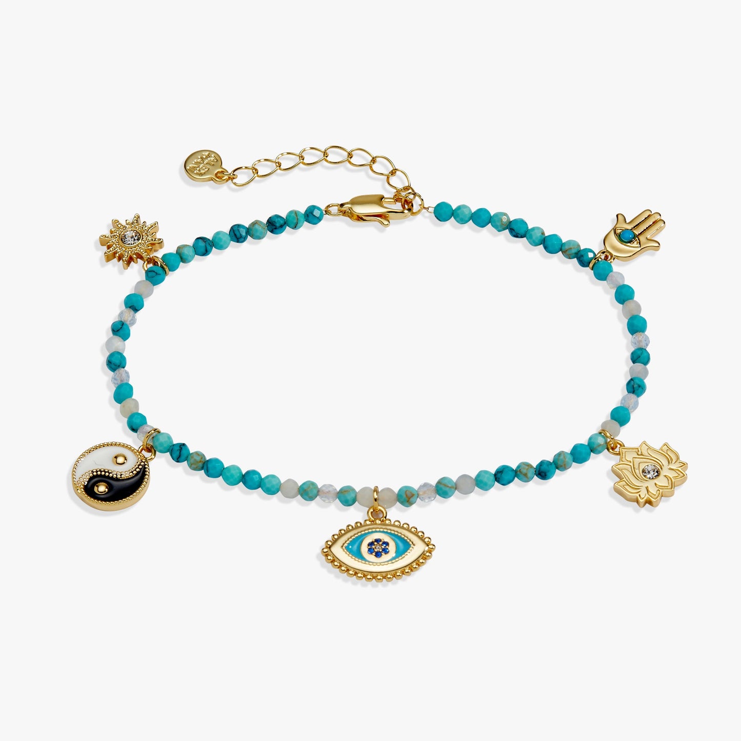 Healing Stone Charm Anklet | Turquoise Beaded Anklet with Hamsa, Evil Eye & Lotus Charms in Gold
