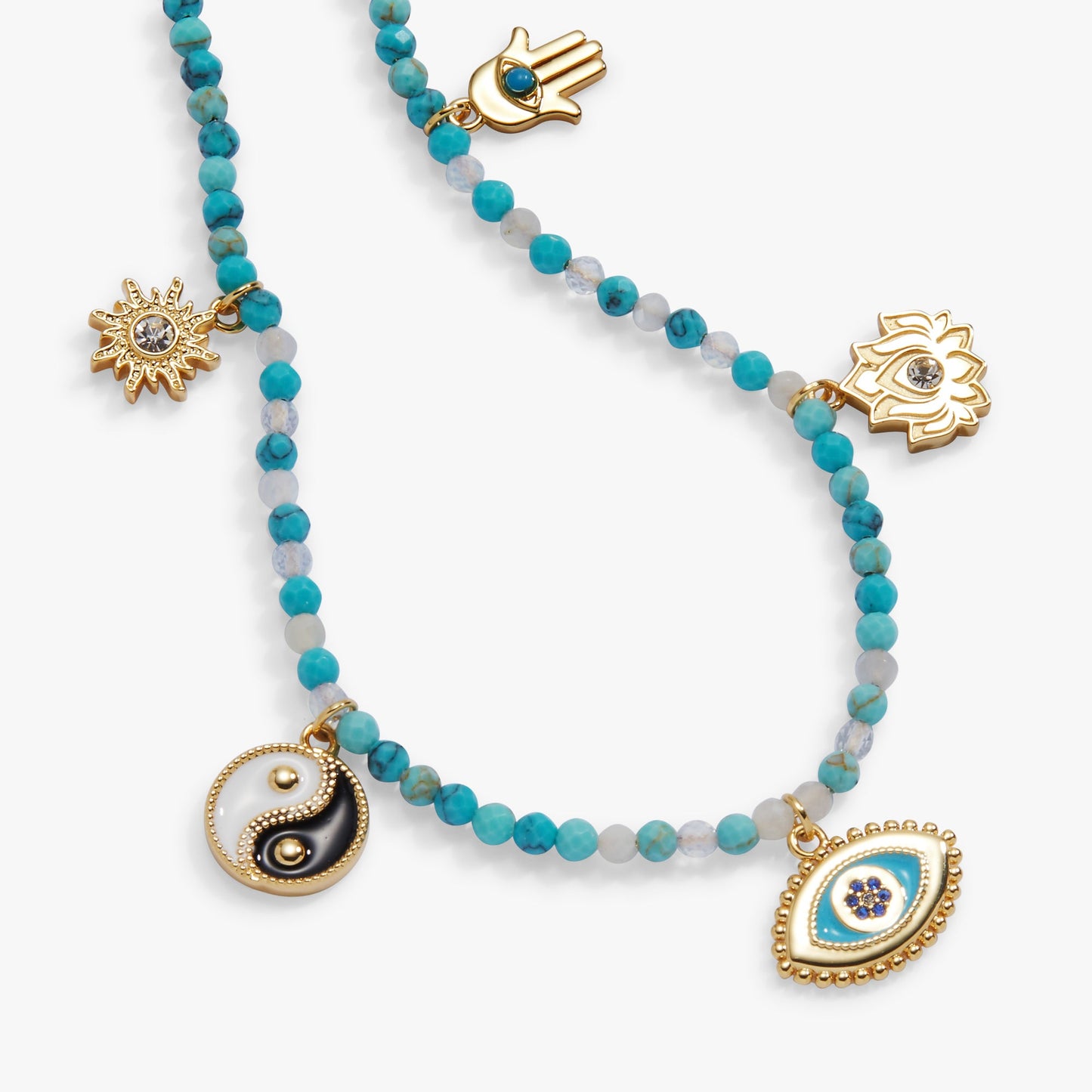 Healing Stone Charm Anklet | Turquoise Beaded Anklet with Hamsa, Evil Eye & Lotus Charms in Gold