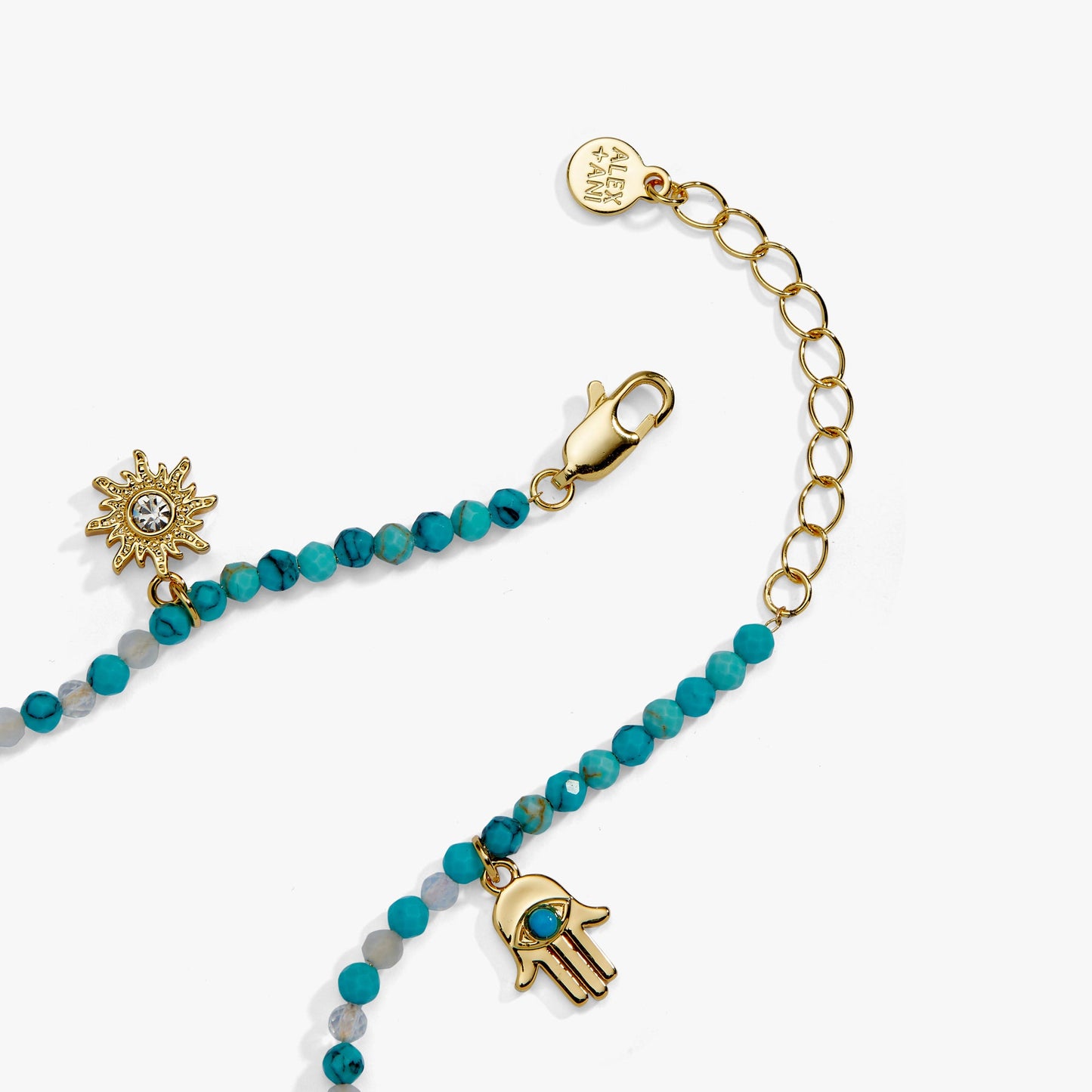 Healing Stone Charm Anklet | Turquoise Beaded Anklet with Hamsa, Evil Eye & Lotus Charms in Gold