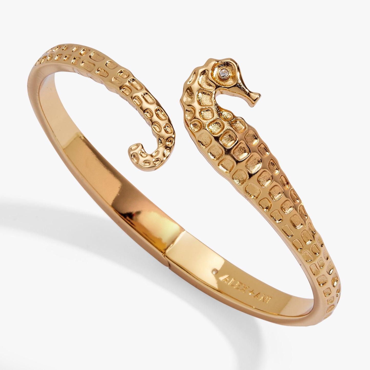 Seahorse Bypass Cuff Bracelet | Coastal Stone Eye Detail Bangle in Gold