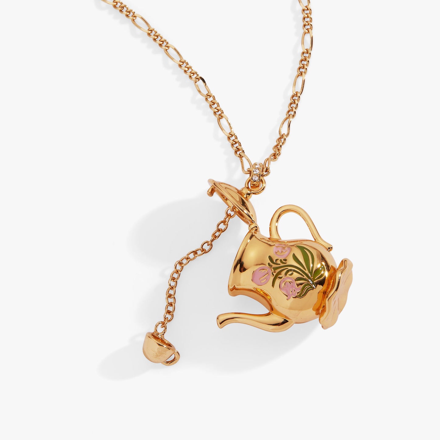 Tea Party Kettle Locket Pendant Necklace | Enamel Teapot Locket with Hidden Teacup Charm in Gold