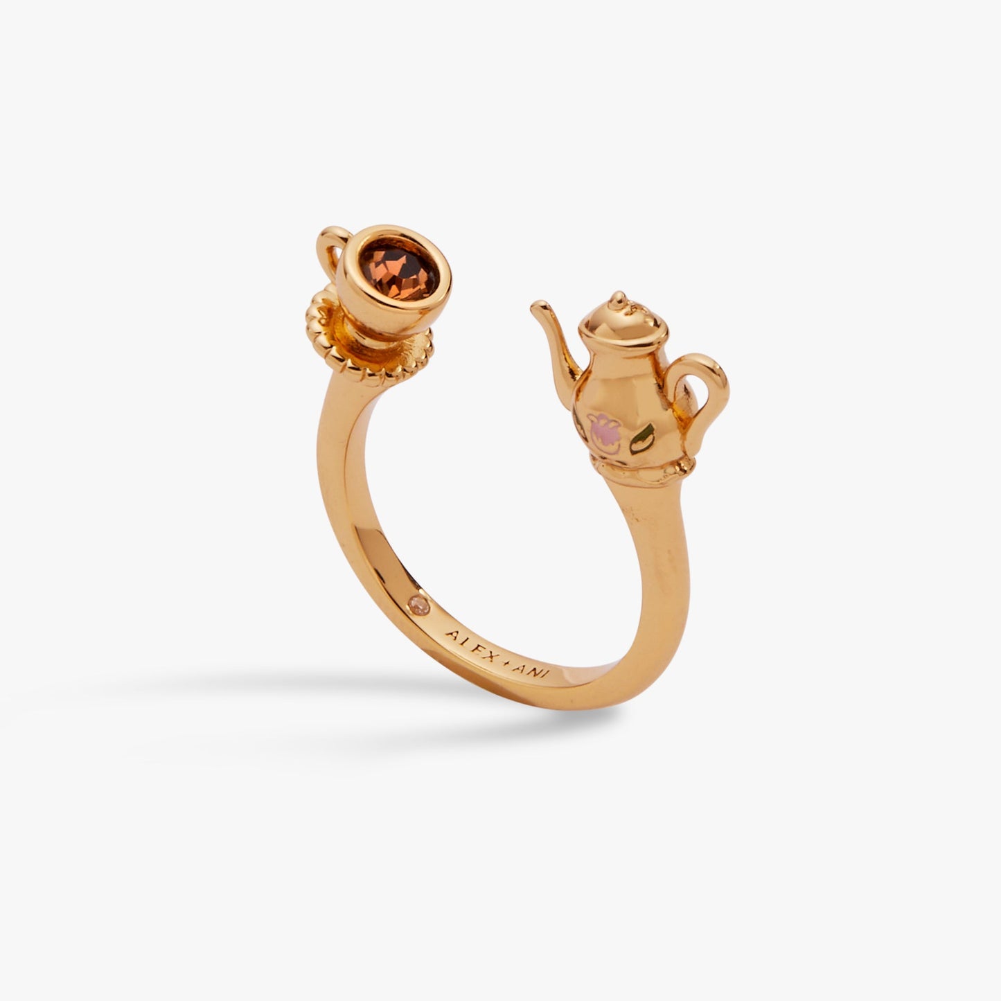 Tea Party Open Ring | Teapot & Teacup Smoky Quartz Enamel Ring in Gold