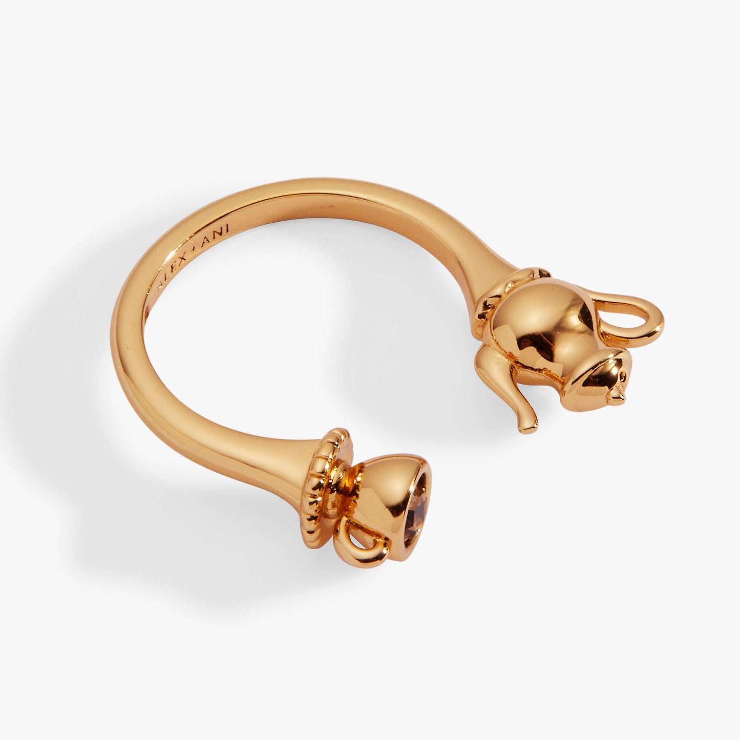 Tea Party Open Ring | Teapot & Teacup Smoky Quartz Enamel Ring in Gold